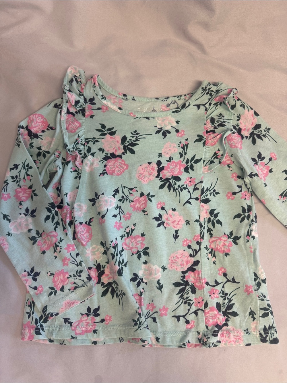 Mint Green Floral Ruffle Long Sleeve Top - Pink Roses